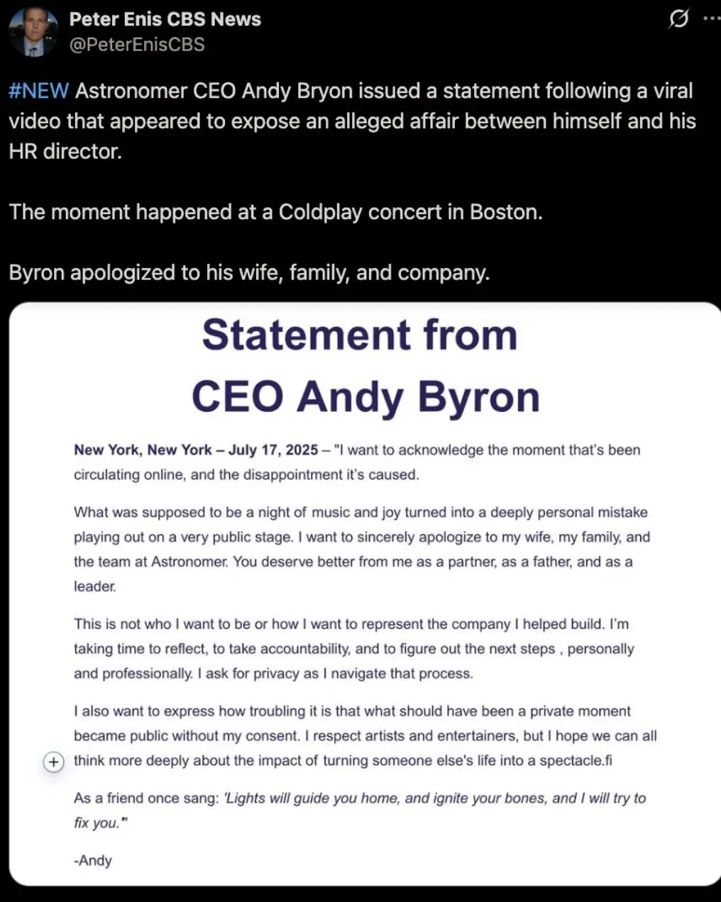 The statement attributed to Byron emerged on X (X/@petereniscbs)