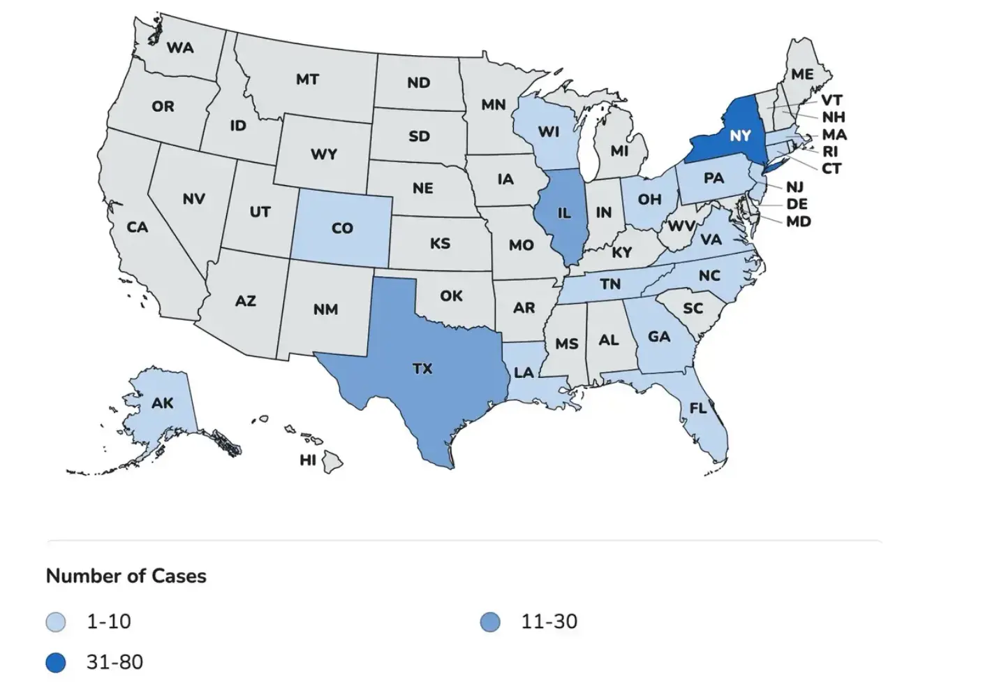 A map showing the scale of the infection rates across each state (The Centers for Disease Control and Prevention)