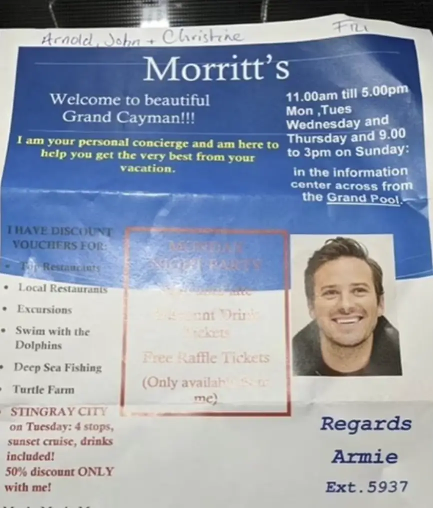 A source has confirmed that Armie Hammer is in fact selling timeshares in the Caymans.