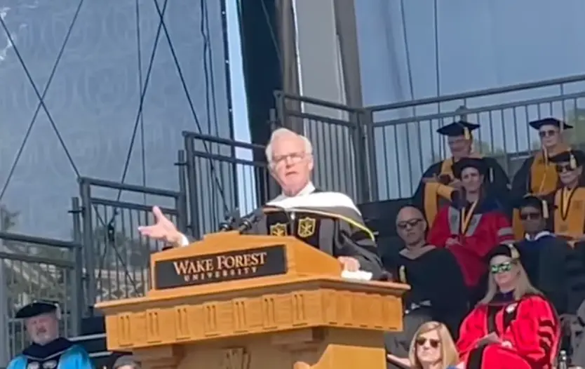 Pelley implored students to pick up the baton (YouTube/ Winston-Salem Journal)