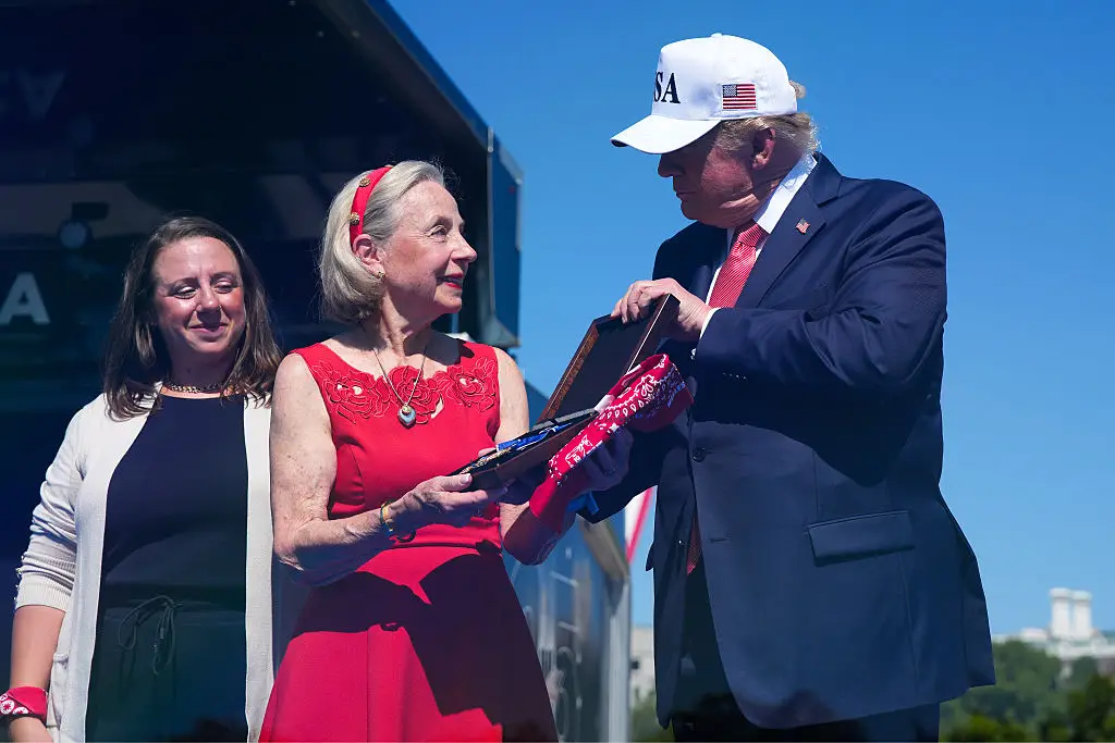 President Donald Trump awarded the Presidential Medal of Freedom to Welles Crowther's family, mother Alison Crowther and sister Paige Crowther Charbonneau, on Tuesday. (Photo by Andrew Harnik/Getty Images)
