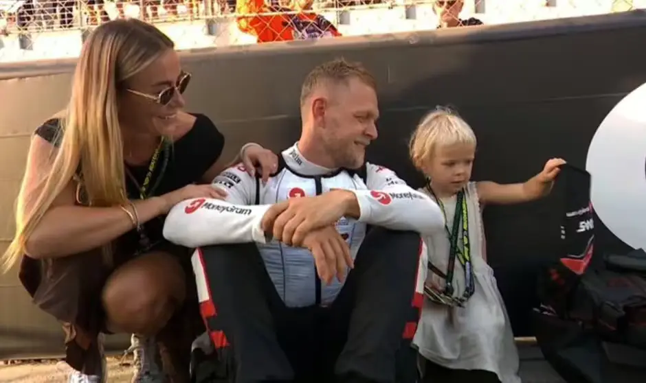Kevin Magnussen was accompanied by wife Lousie and his eldest daughter Laura for his final F1 race (F1 TV)