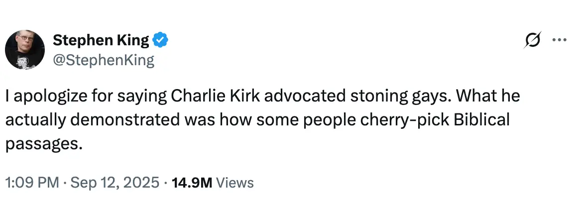 Stephen King has apologized for his original post (X/stephenking)
