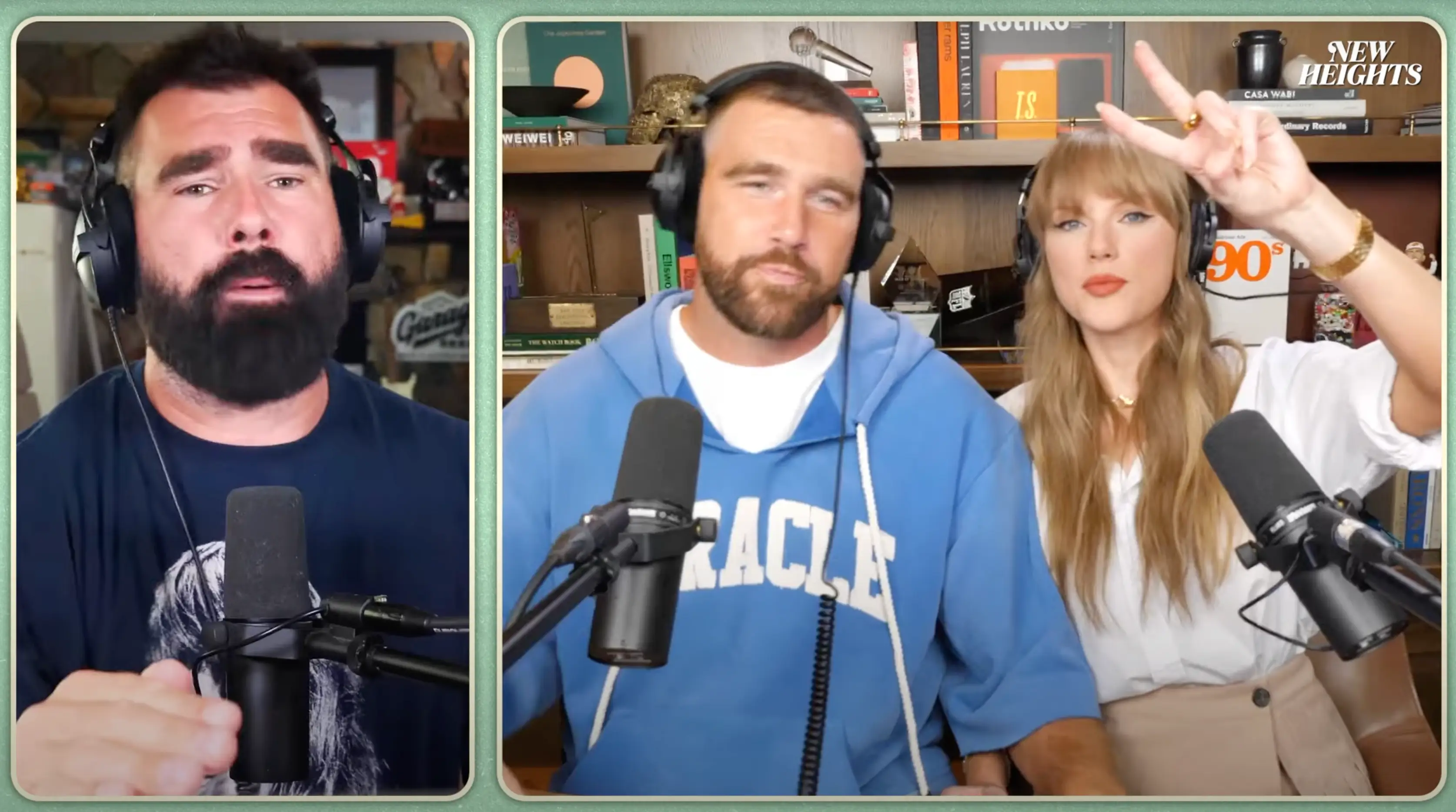 Jason Kelce gave an epic introduction to Taylor Swift for her first appearance on the his and brother Travis Kelce's 'New Heights' podcast (YouTube/New Heights)