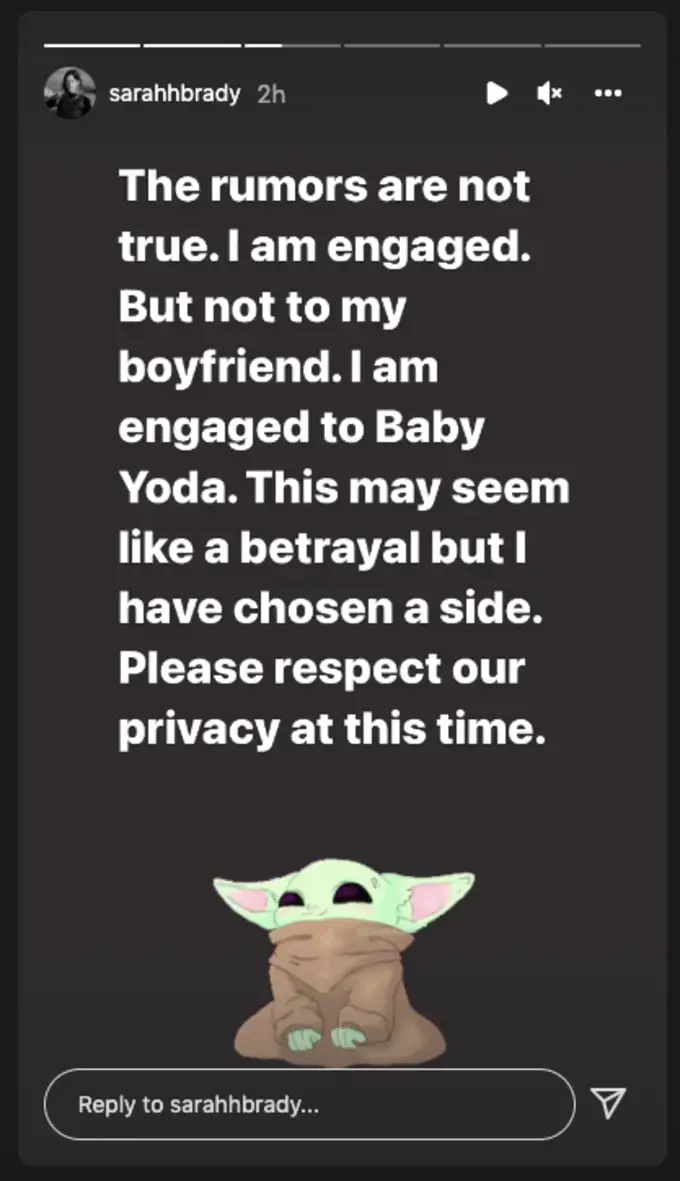 Sarah Brady's response to engagement rumours (sarahhbrady/Instagram)