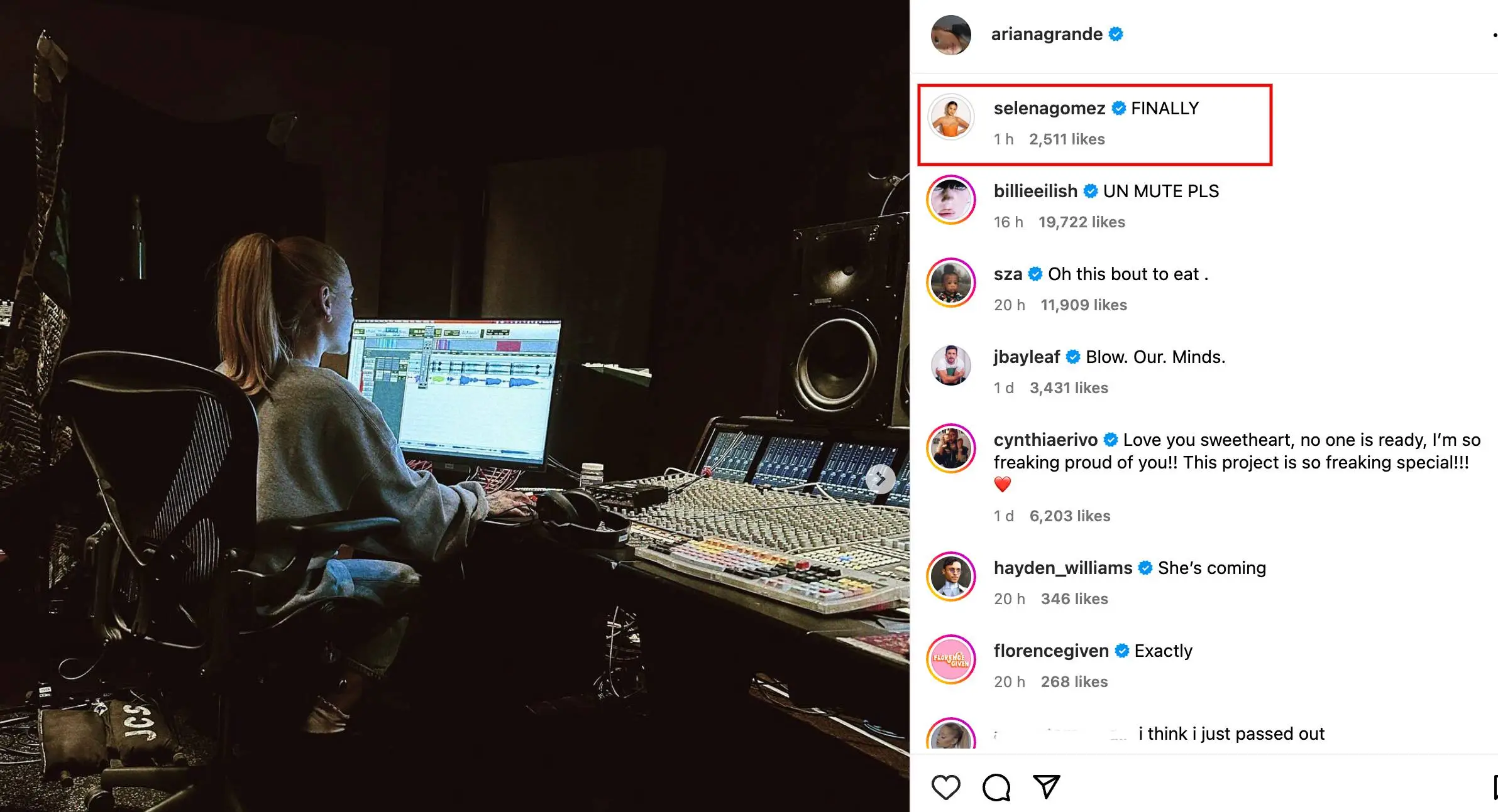 Selena commented on Ariana Grande's recent post.