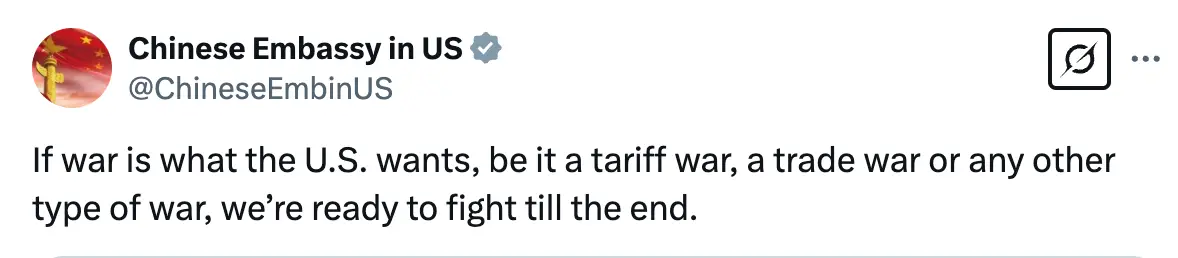 The Chinese embassy shared comments saying it was 'ready to fight' (X/@ChineseEmbinUS)