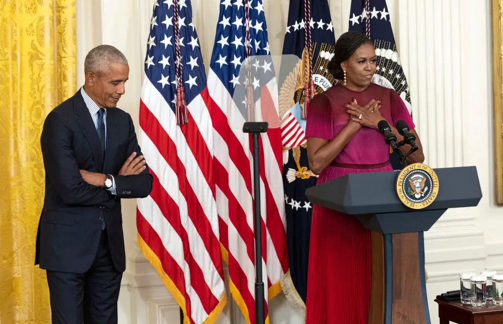 Former First Lady Michelle Obama delivers remarks alongside former US President Barack Obama at a ceremony to unveil the official Obama White House portraits at the White House (Kevin Dietsch/Getty Images)