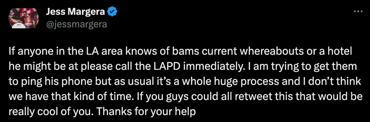 Jess Margera's tweet about his brother Bam's whereabouts.