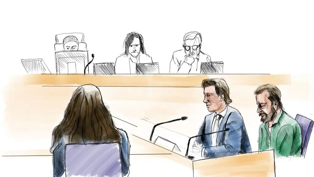 A court sketch of Daniel Nyqvist, front right (Photo by JOHAN HALLNAS/TT News Agency/AFP via Getty Images)