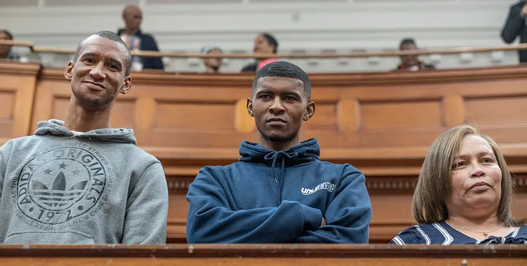 Jacquen Appollis, Steveno Van Rhyn and Kelly Smith pictured during sentencing proceedings (Brenton Geach/Gallo Images via Getty Images)