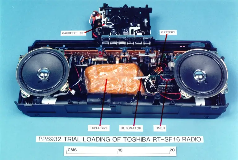 Forensic investigators determined that the explosive material and a circuit board were integrated into the internal components of the Toshiba cassette player. (FBI)
