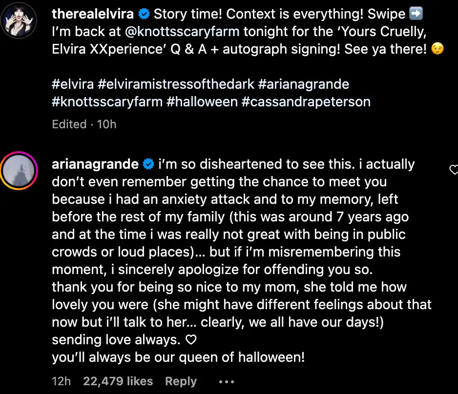 Ariana Grande has since responded to Elvira's post (Instagram/ @therealelvira)