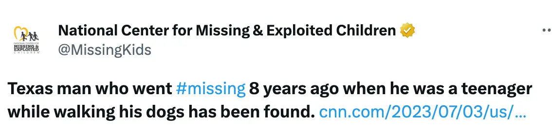 Texas Center for Missing shared the news of Farias being found.