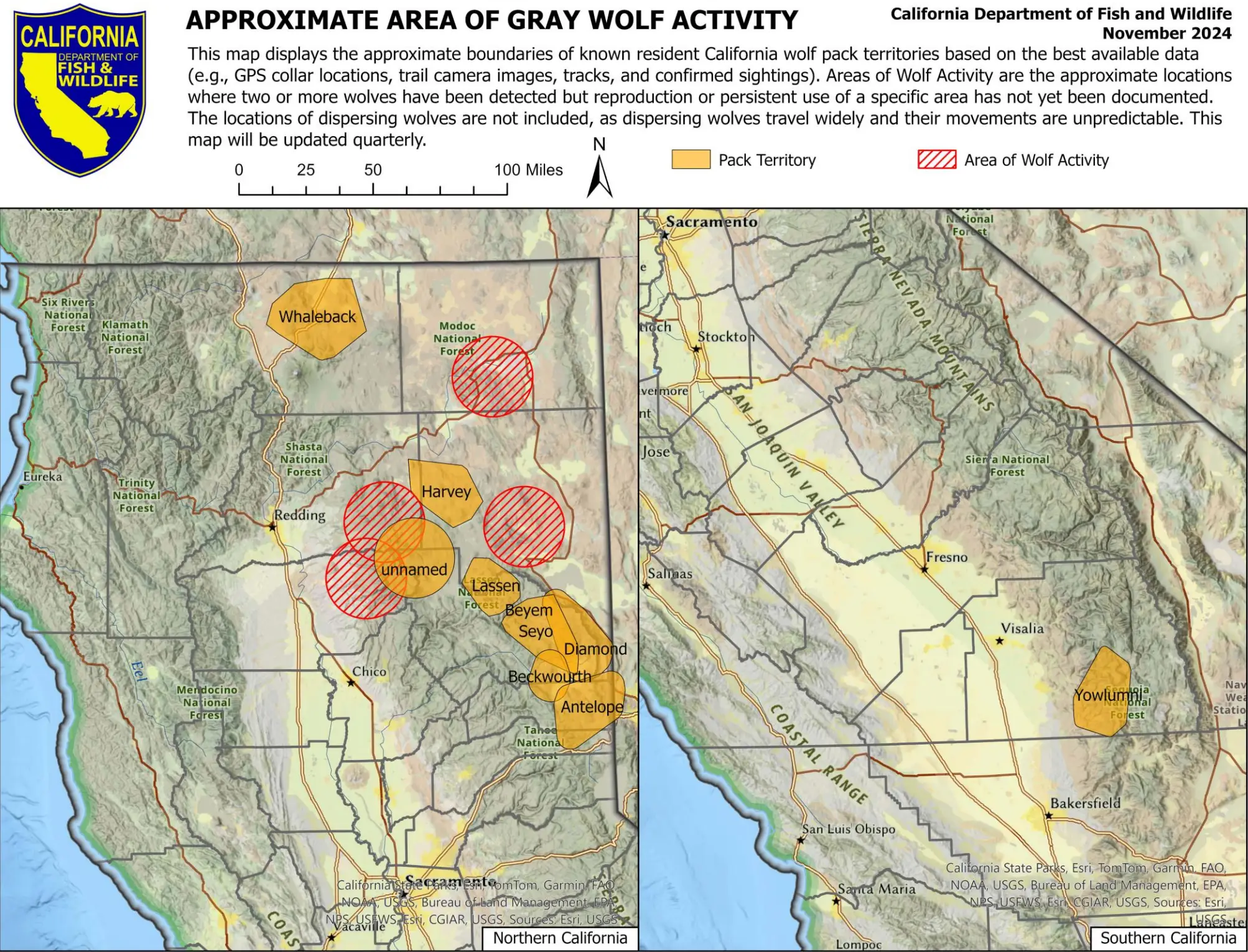 Areas of gray wolf activity in California (California Department of Fish and Wildlife)