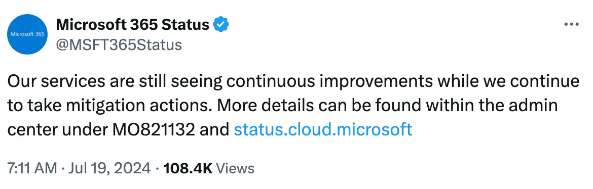 Microsoft has indicated a fix is on the way. (X/@@MSFT365Status)