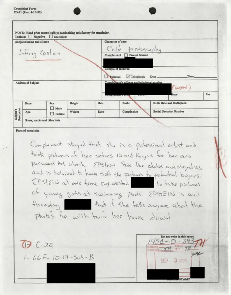 A redacted copy of Maria Farmer's 1996 complaint was made public on Friday (Department of Justice)