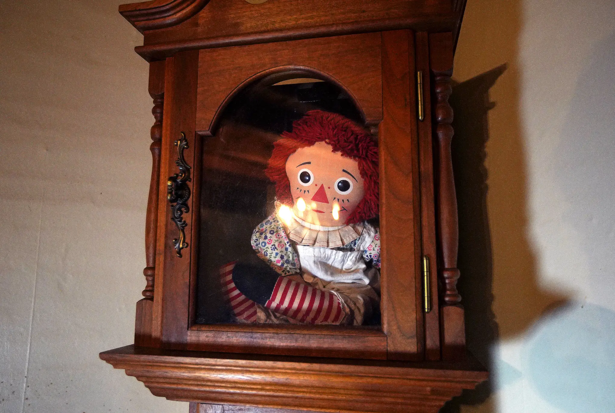 Rumors have long circulated that the real Annabelle doll - pictured here - has gone walkabouts (Barry Chin/The Boston Globe via Getty Images))