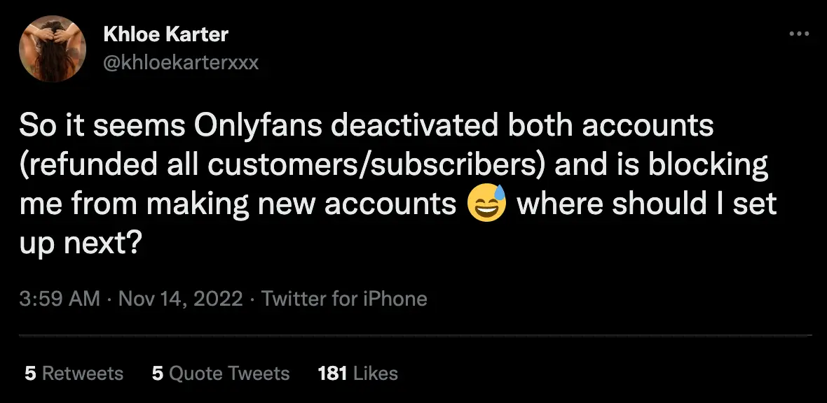 Peer claims OnlyFans is 'blocking' her from creating 'new accounts' too.