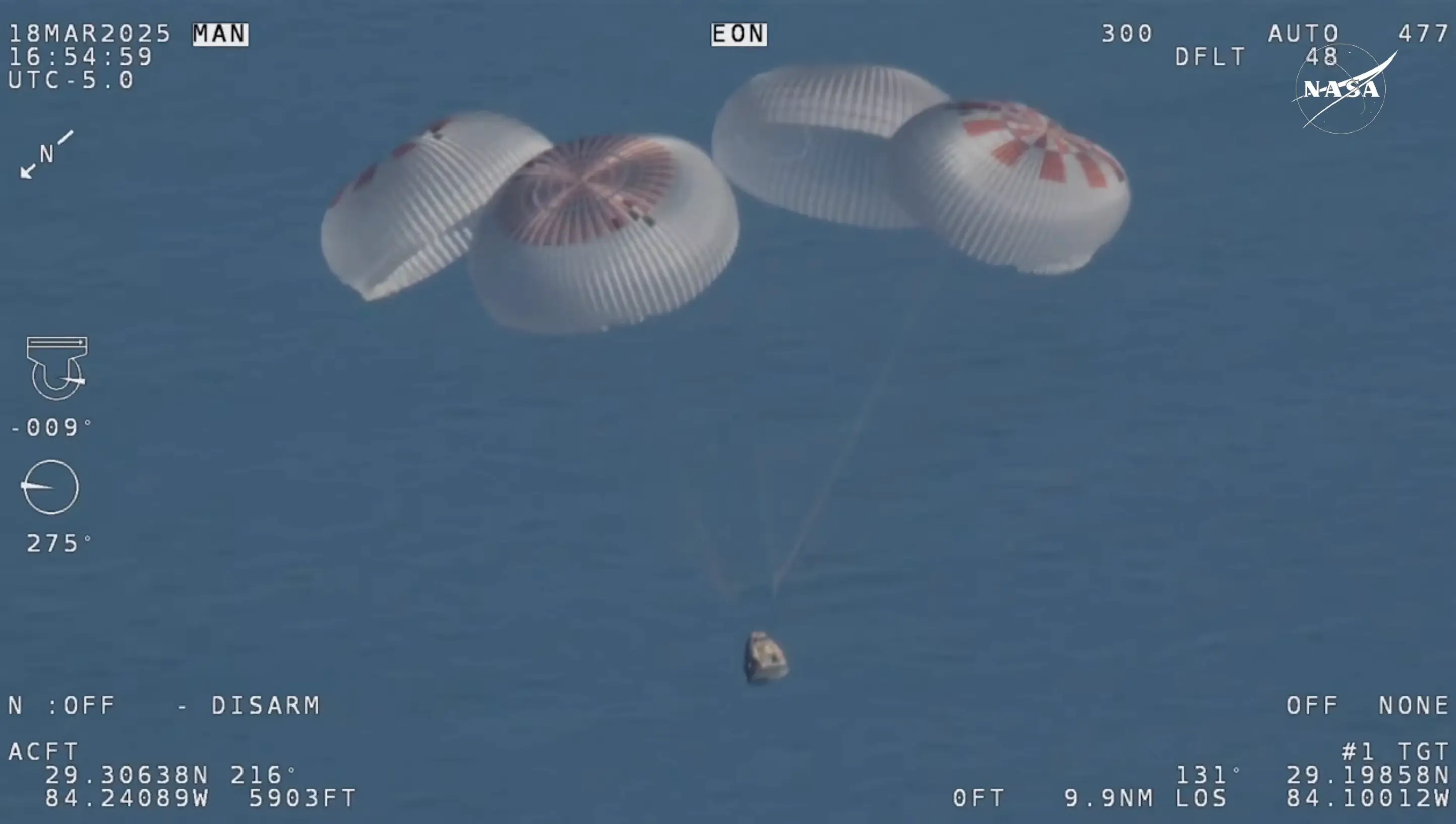 The moment the parachutes deployed for the splash landing (NASA)
