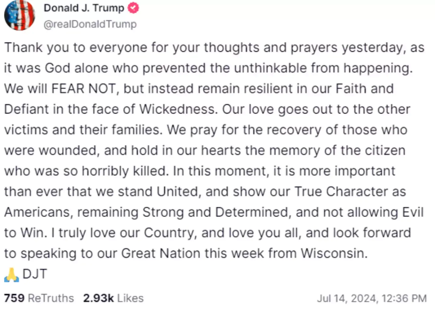 Donald Trump's second statement after the attack. (Truth Social/ Donald Trump)
