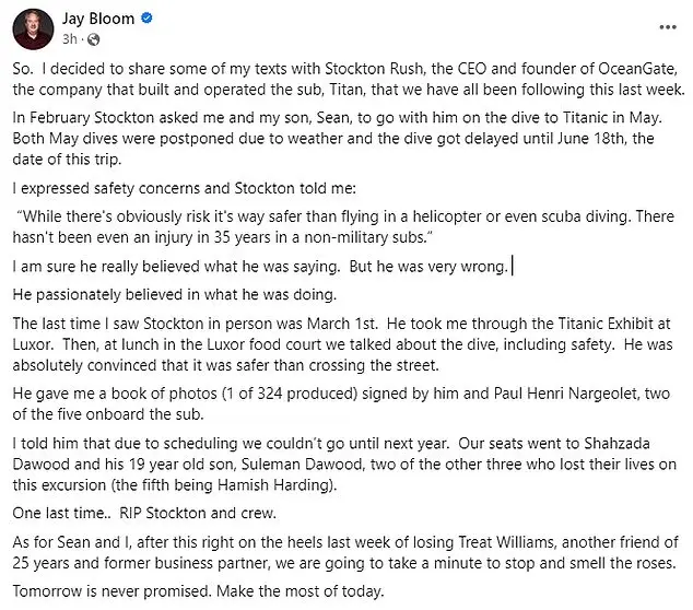 Jay Bloom shared a series of texts with late OceanGate CEO.