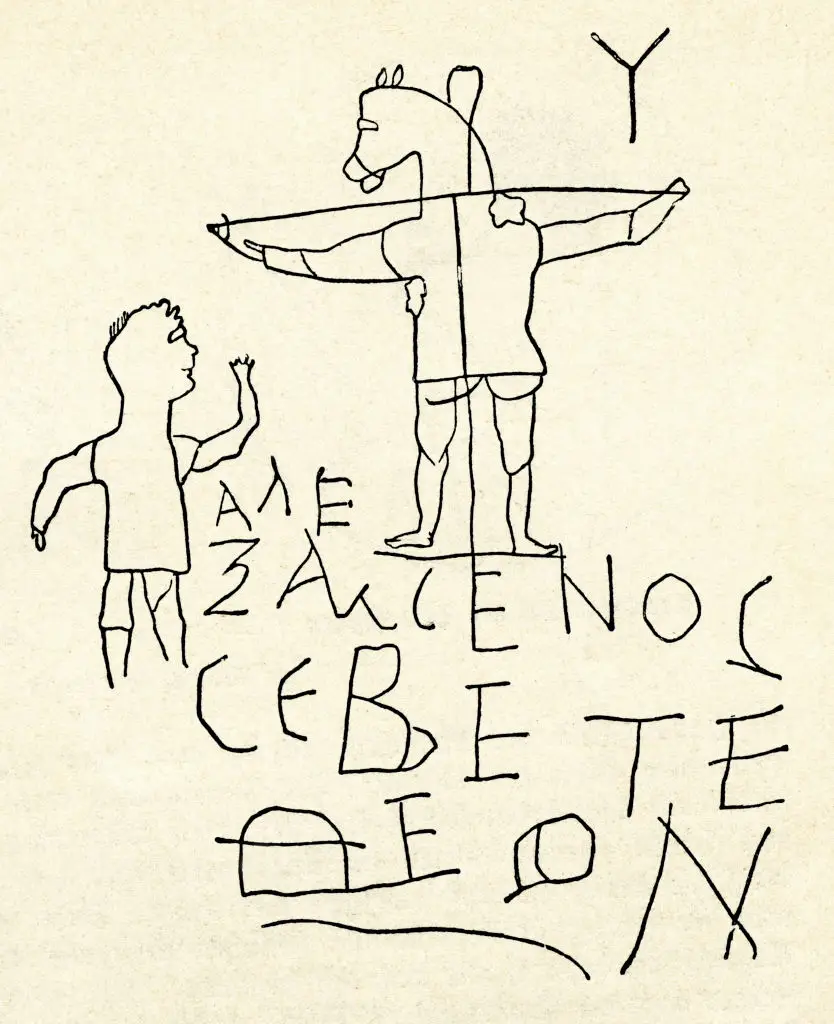 Alexamenos graffito - Roman anti-Christian graffiti discovered on a wall in Palatine Hill, Rome. Greek inscription reads 'Alexamenos worships his God' with an image of a man worshipping a crucified, donkey headed figure (Culture Club/Bridgeman via Getty Images)