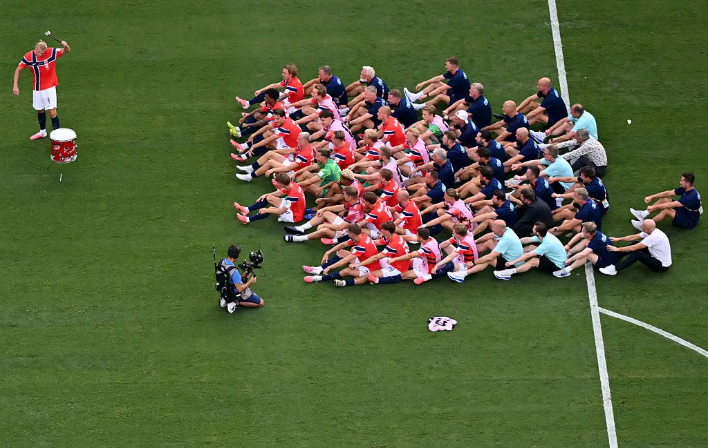 The Norwegian team have also been seen celebrating with the gesture  (Photo by Jewel SAMAD / AFP via Getty Images)