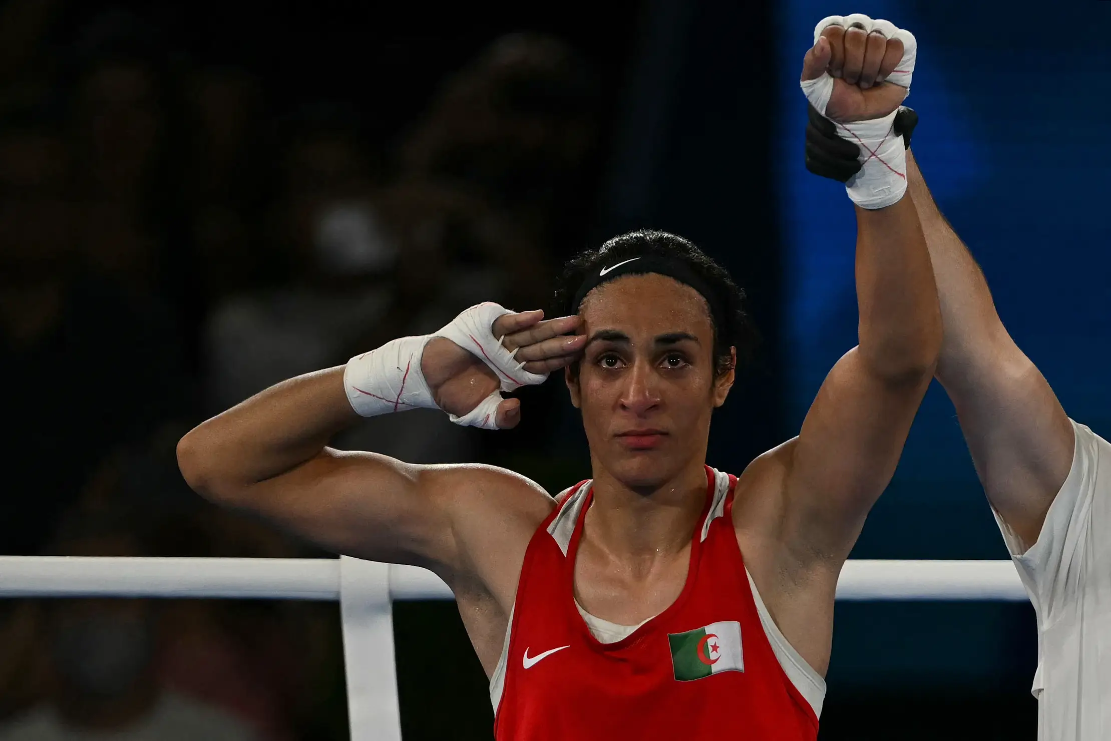 Khelif has won gold in the 66kg final. (MAURO PIMENTEL/AFP via Getty Images)
