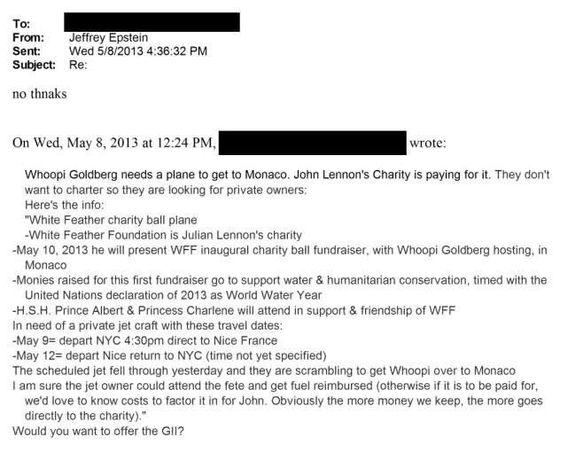 The email to Epstein which mentions Whoopi Goldberg (DoJ)
