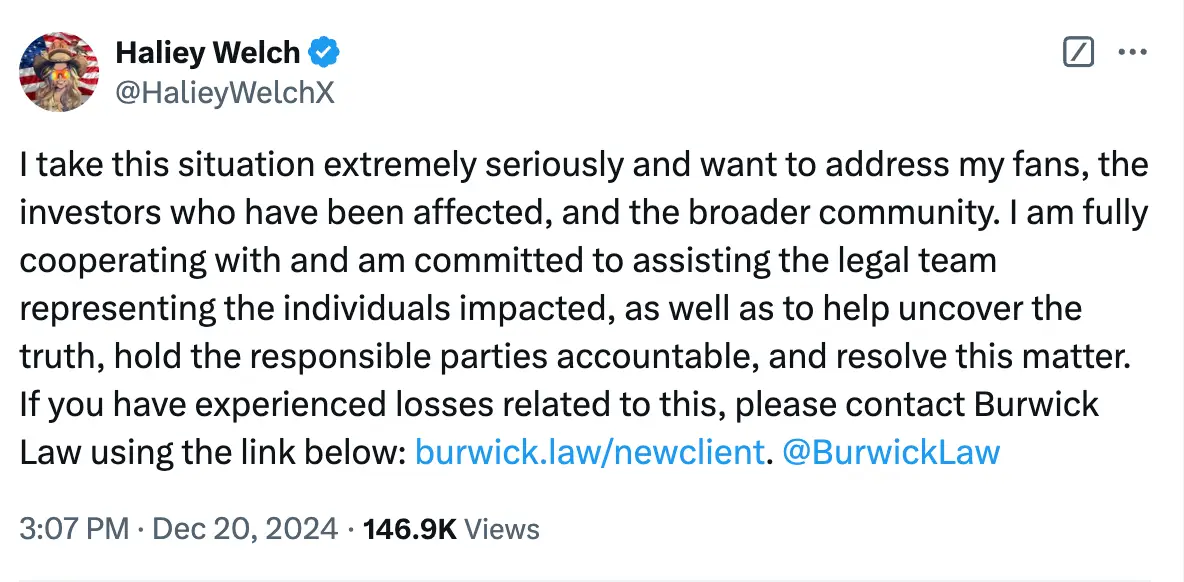 Welch responded to the lawsuit on Twitter (X/@HalieyWelchX)