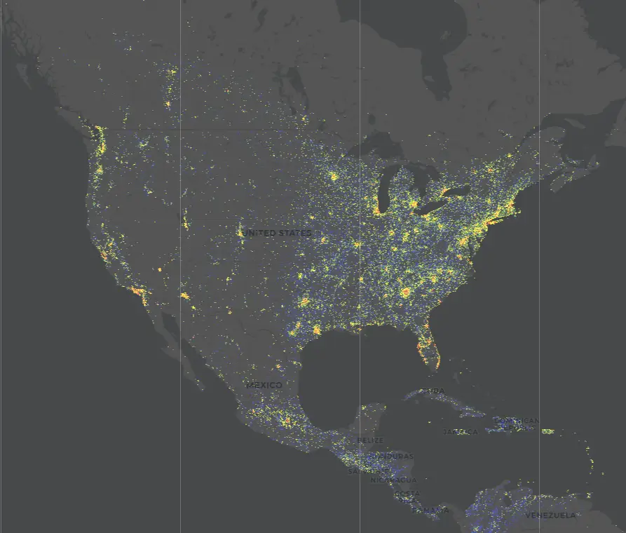 The map shows the building density of the US (GlobalBuildingAtlas)