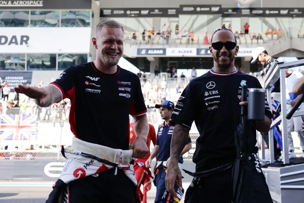Magnussen and Lewis Hamilton pictured before the Abu Dhabi Grand Prix on Sunday (Jakub Porzycki/NurPhoto via Getty Images)