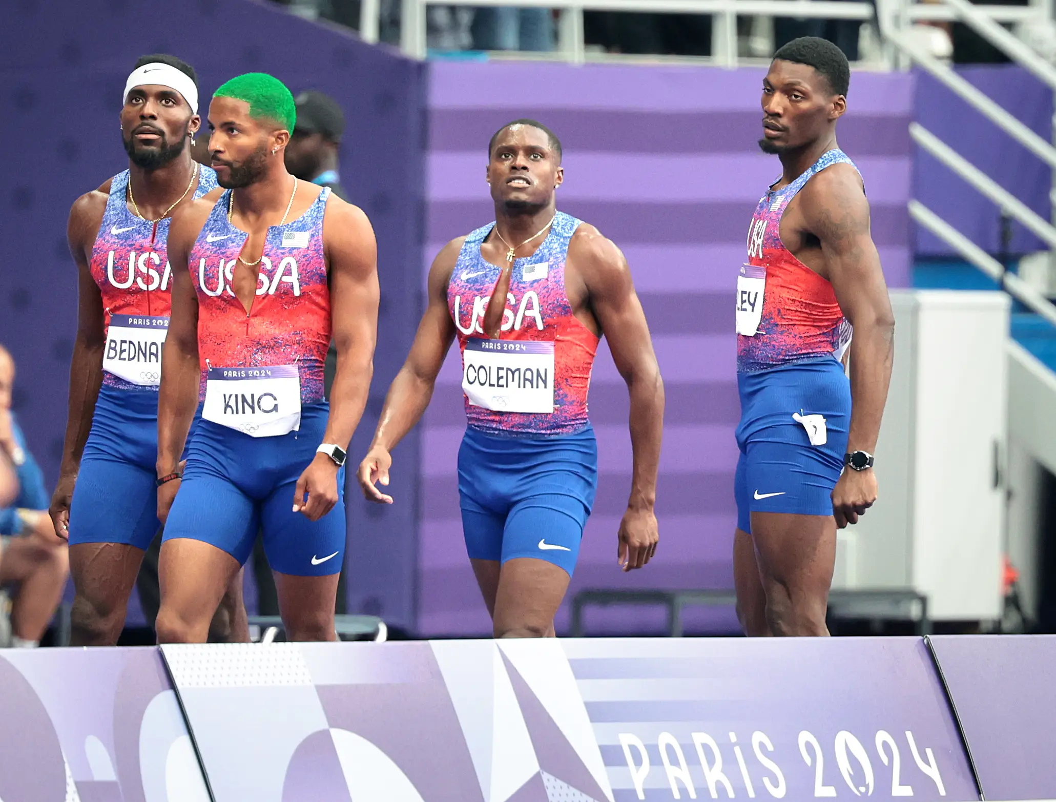 Team USA was disqualified from the men's 4x100m relay. (Skalij/Los Angeles Times via Getty Images)