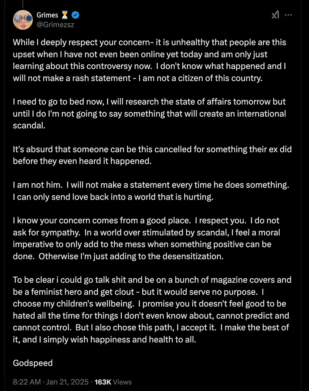 Grimes issued a lengthy response to a fan on X (@Grimezsz/X)