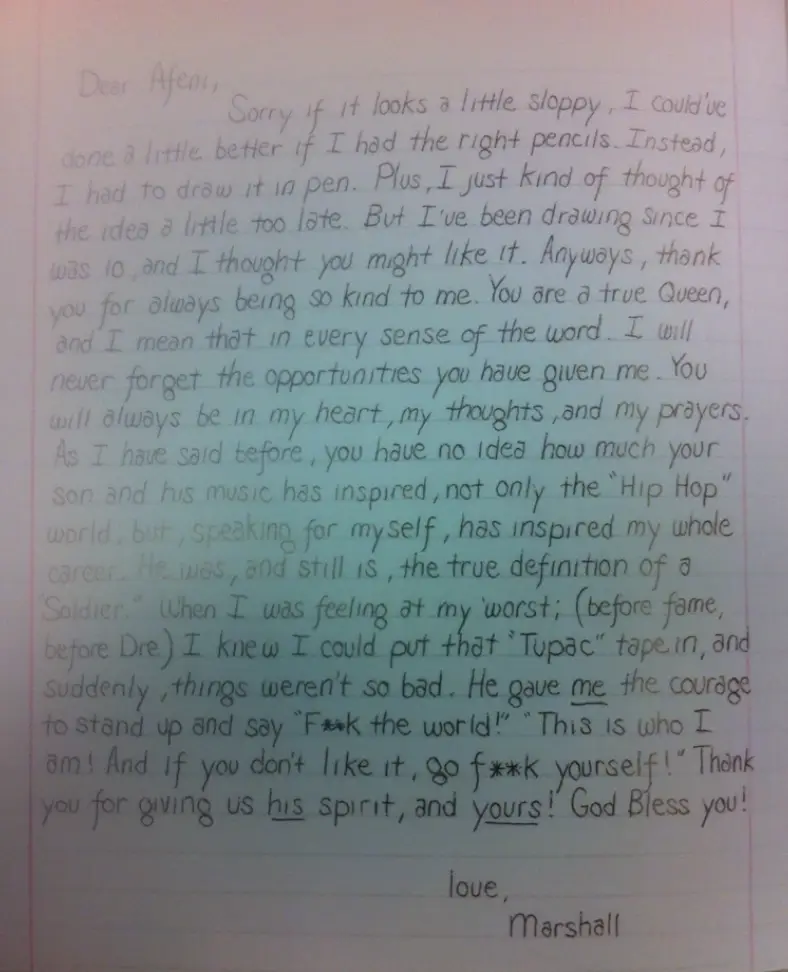 The letter heaped praise on the late rapper and his mom.