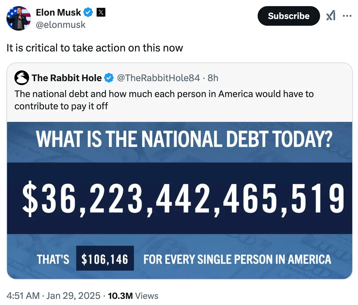 Elon Musk has said it's 'critical' to tackle the debt (X/@elonmusk)