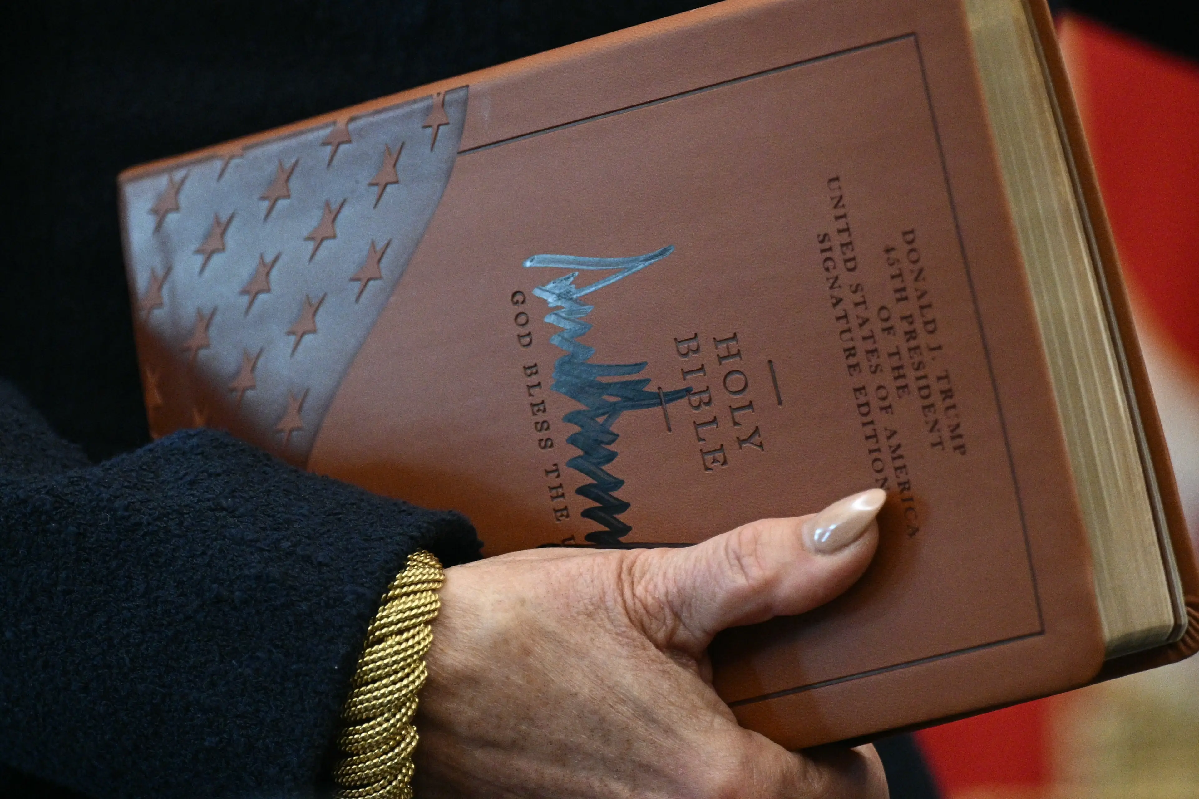 A signed Donald Trump 'Signature Edition' of The Bible (BRENDAN SMIALOWSKI/AFP via Getty Images)