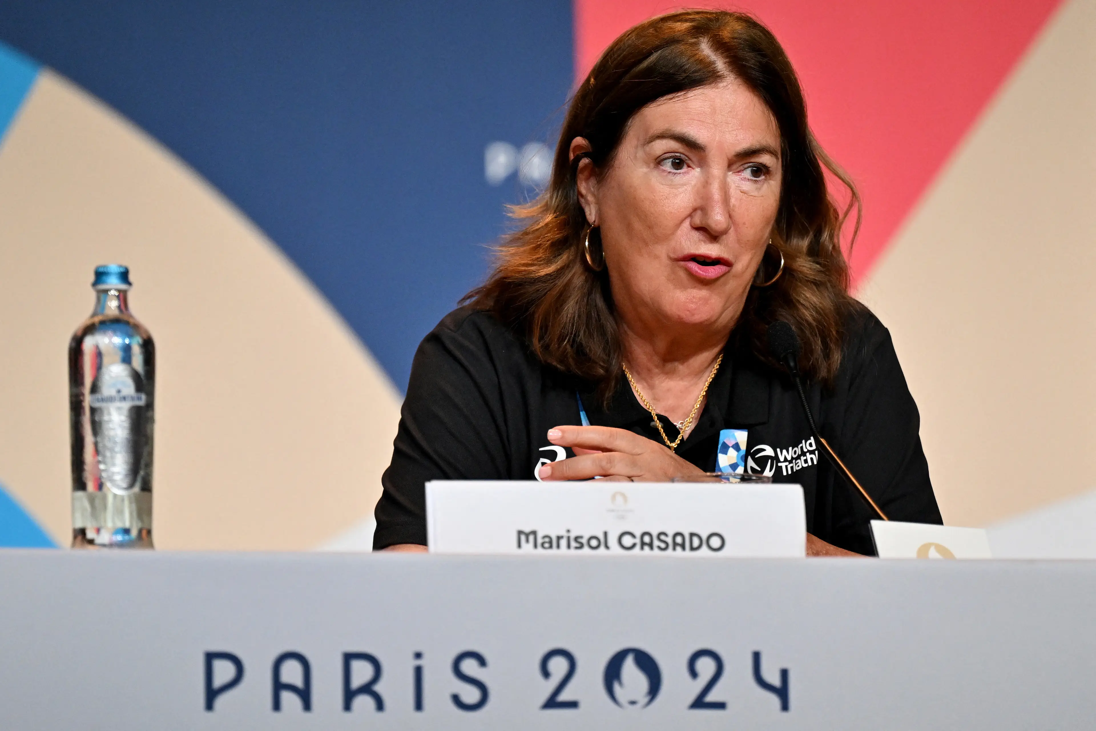 President of the International Triathlon Union Marisol Casado seen at a press conference. (ANDREJ ISAKOVIC/AFP via Getty Images)