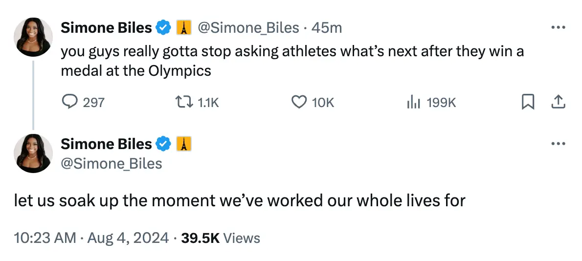 Simone Biles shared the question she thinks athletes shouldn't be asked. (X)