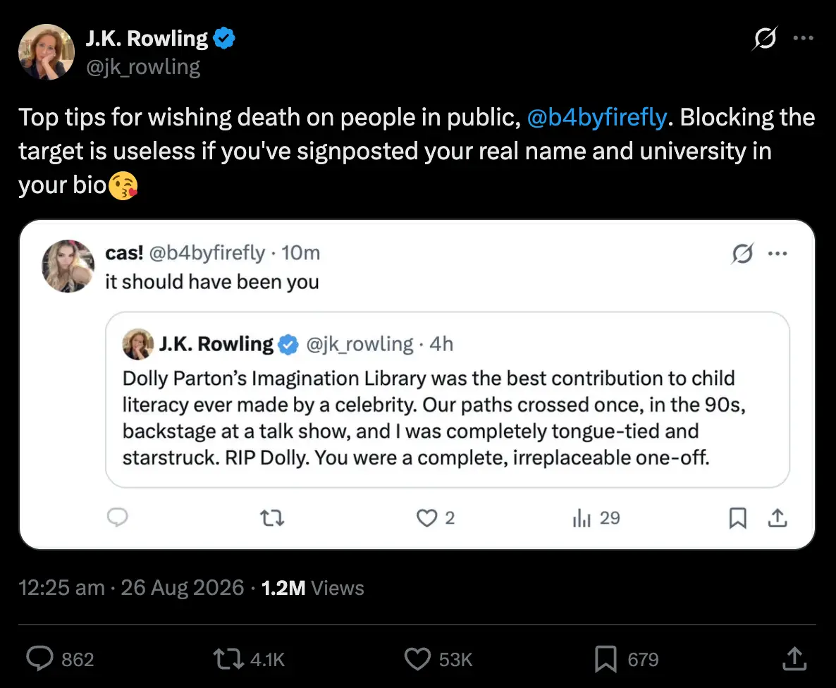 JK Rowling hit back at a troll who attempted to spoilt her tribute to Dolly Parton (X/@jk_rowling)