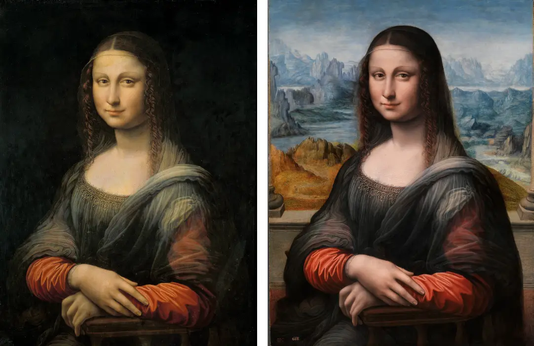 The Mona Lisa copy before (L) and after (R) being restored.