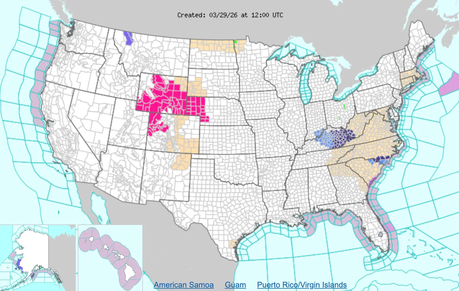 Areas highlighted in dark pink are under red flag warnings as of March 29 (National Weather Service)
