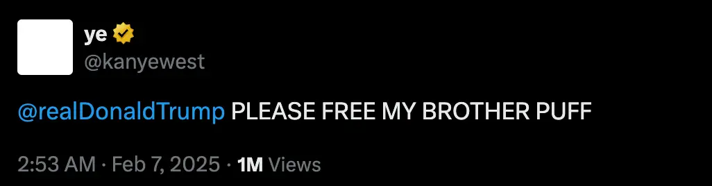 Kanye West is calling for Sean Combs' release from prison (Twitter)