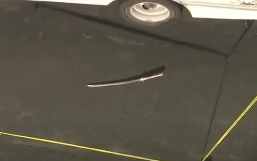 Footage showed the sword lying on the ground after the incident. (KTLA 5)