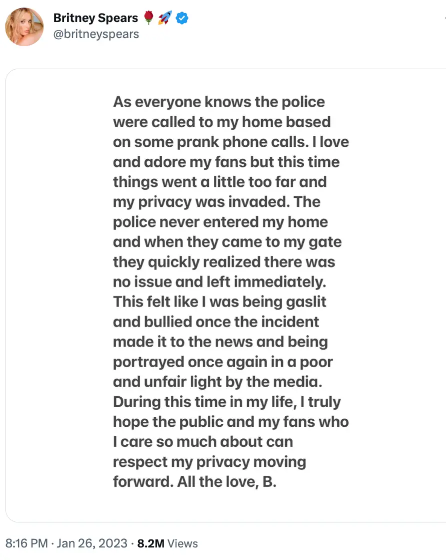 Last month, Spears said police arrived at home after ‘prank calls’.