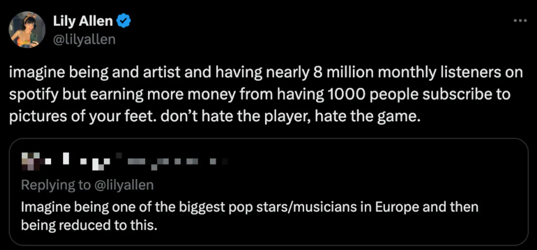 The singer responded to a critic on Twitter (X/@lilyallen)