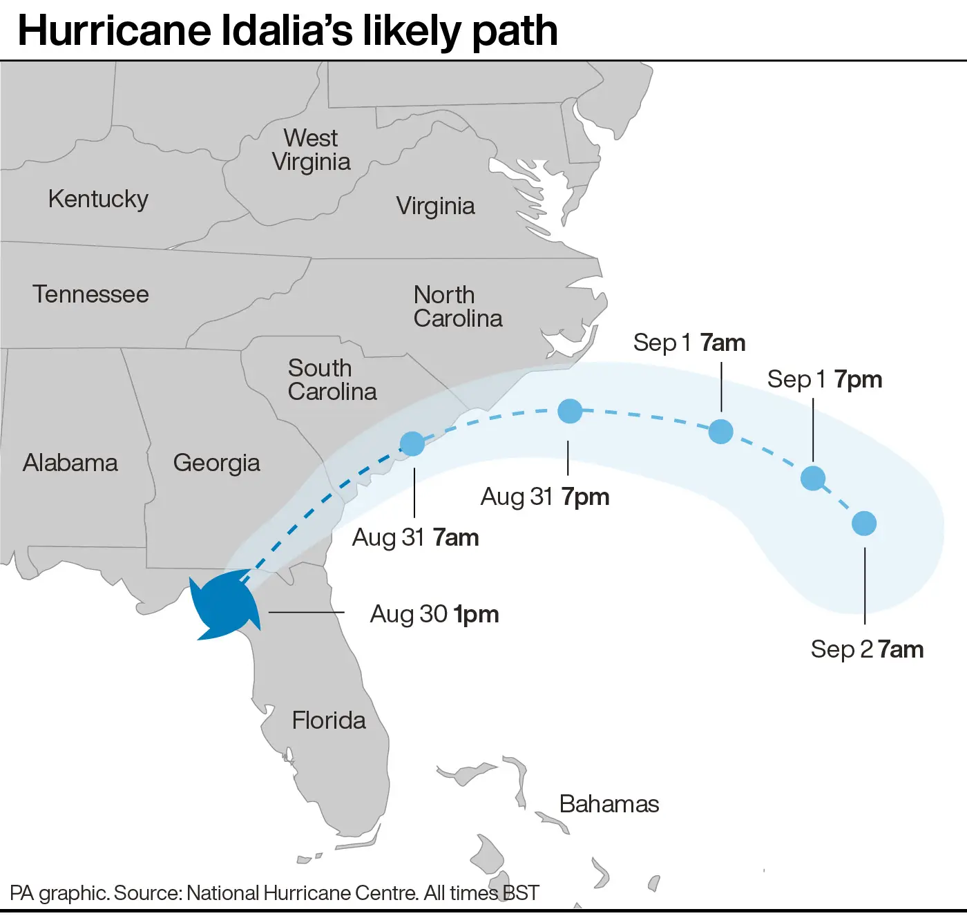 Hurricane Idalia's likely path.