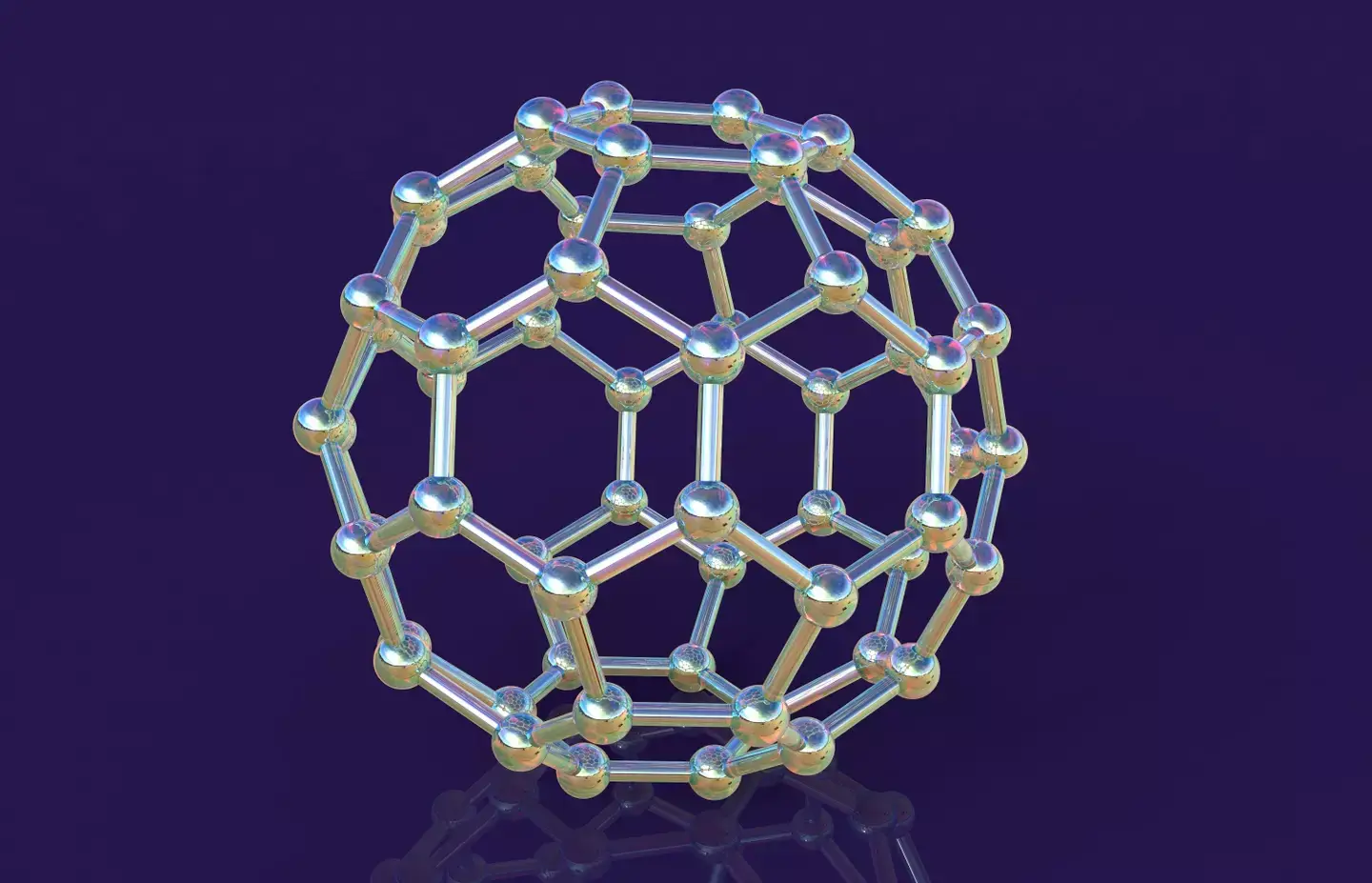 An illustration of a buckminsterfullerene atom, showing the distinctive 'cage' structure (KATERYNA KON/SCIENCE PHOTO LIBRARY / Getty)