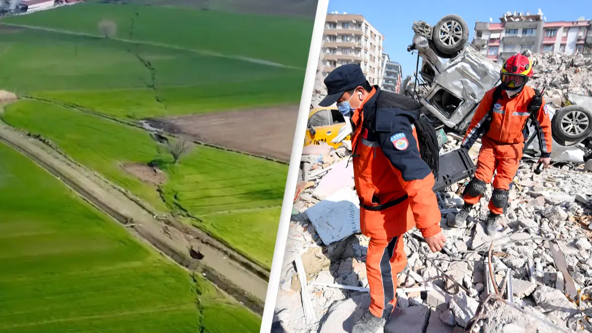 Ruptured fault line seen in Turkey shows devastation of earthquake